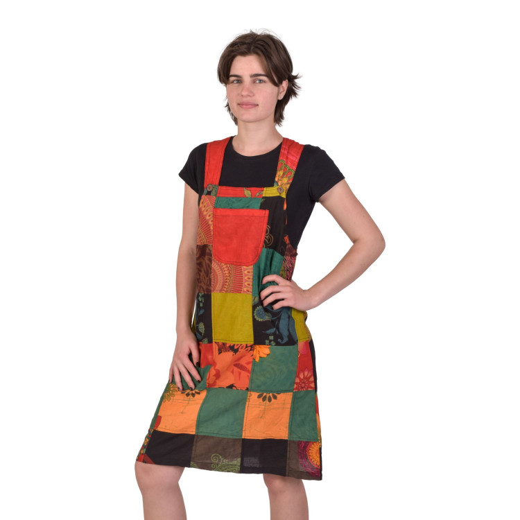 Krátke šaty s trakmi a vreckom, multifarebný patchwork, bavlnené plátno