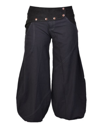 Dlhé čierne balónové nohavice s manžestrom, zips a gombíky, výšivka, vrecká