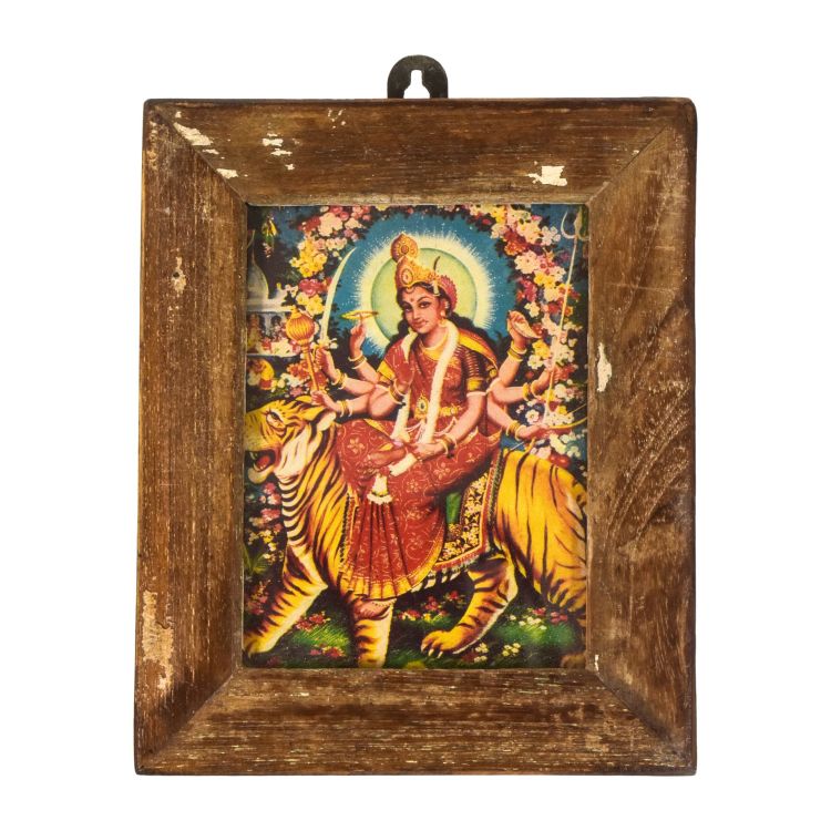 Durga Maa, obrázok v rámčeku z teakového dreva, 12x1x15cm