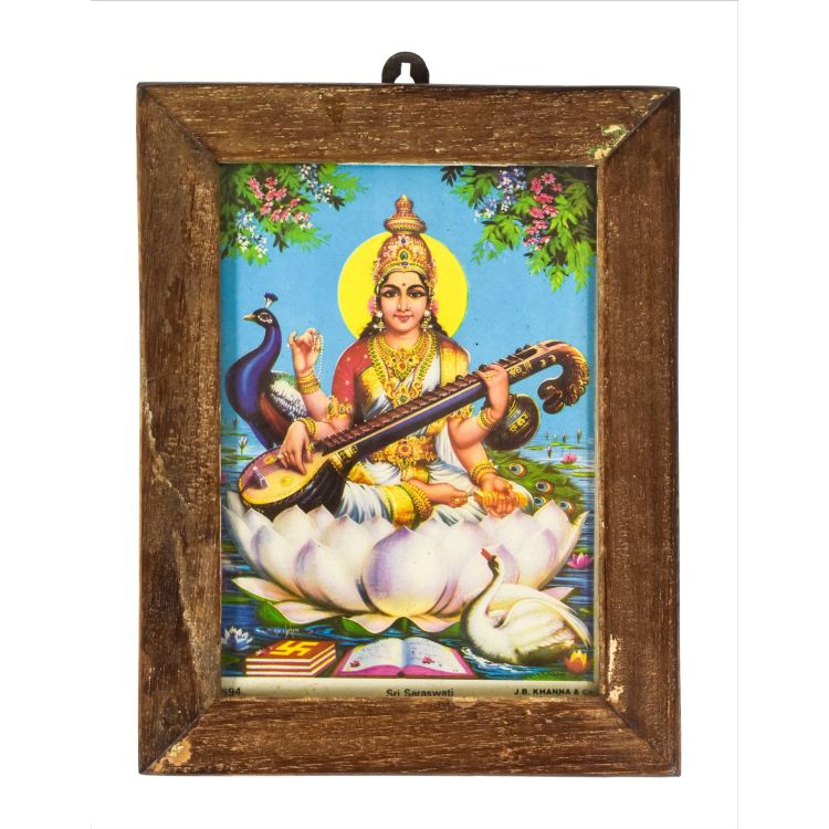 Saraswati, obrázok v rámčeku z teakového dreva, 15x1x20cm