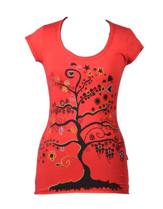 Červené tričko s krátkym rukávom a čiernym potlačou "Tree" dizajn