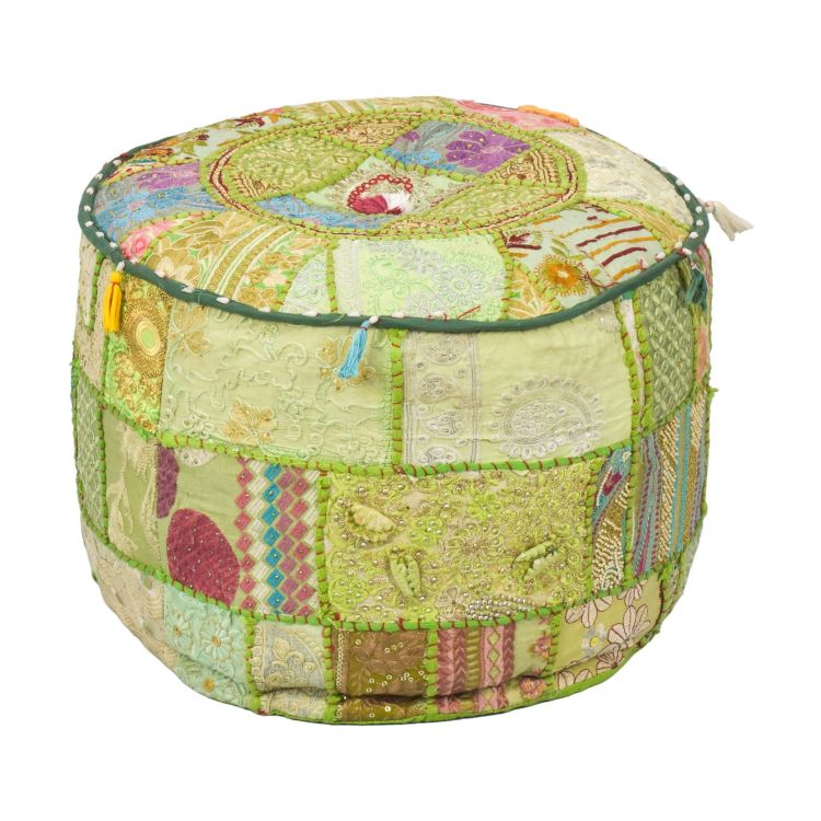 Taburet z Rajasthanu s bohatou Ari výšivkou, priemer 49cm výška 36cm patchwork