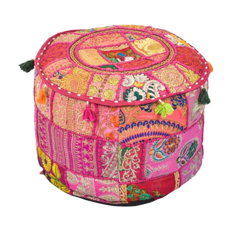 Taburet z Rajasthanu s bohatou Ari výšivkou, priemer 49cm výška 36cm patchwork