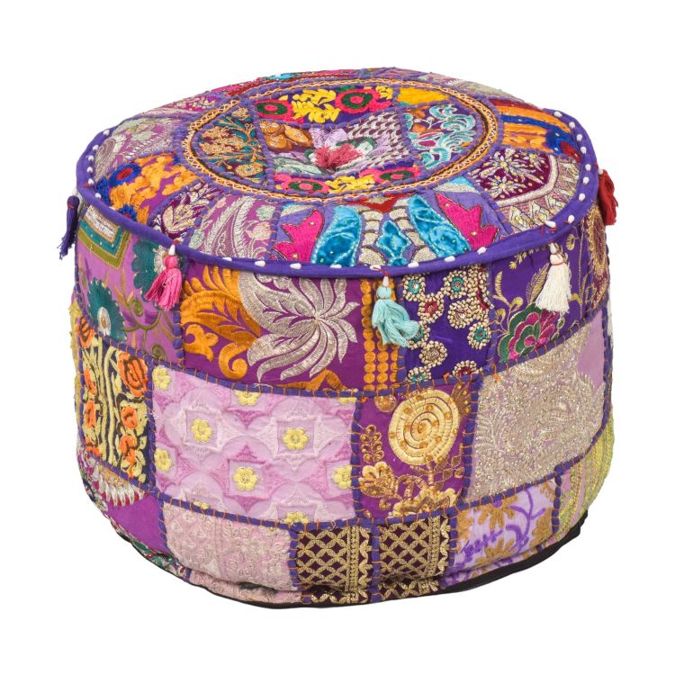 Taburet z Rajasthanu s bohatou Ari výšivkou, priemer 49cm výška 36cm patchwork