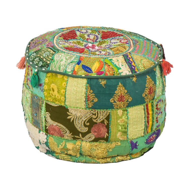 Taburet z Rajasthanu s bohatou Ari výšivkou, priemer 49cm výška 36cm patchwork