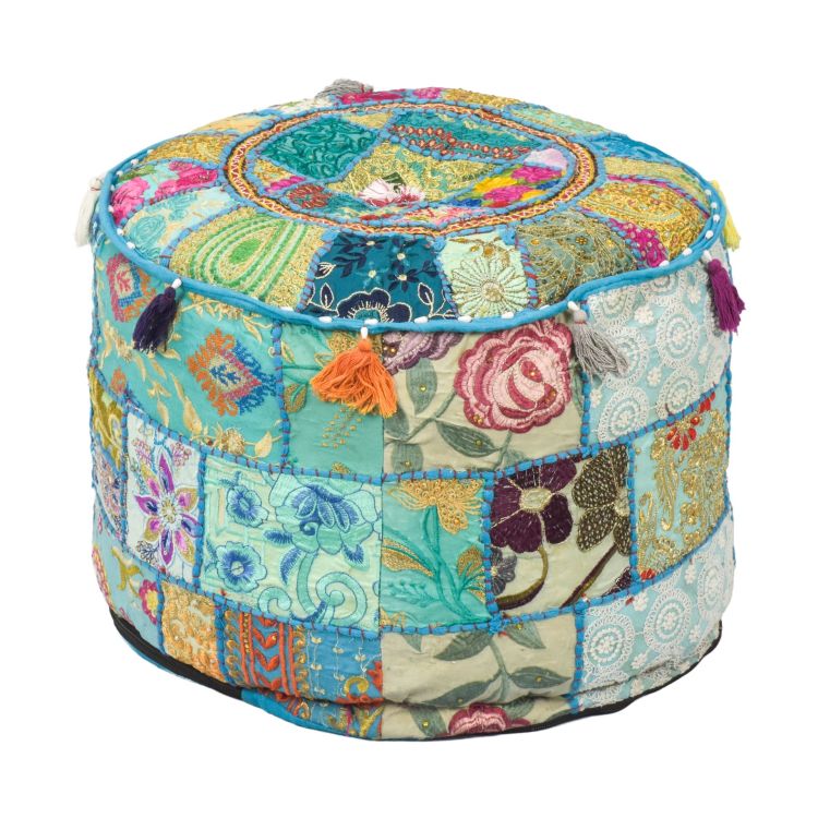 Taburet z Rajasthanu s bohatou Ari výšivkou, priemer 49cm výška 36cm patchwork