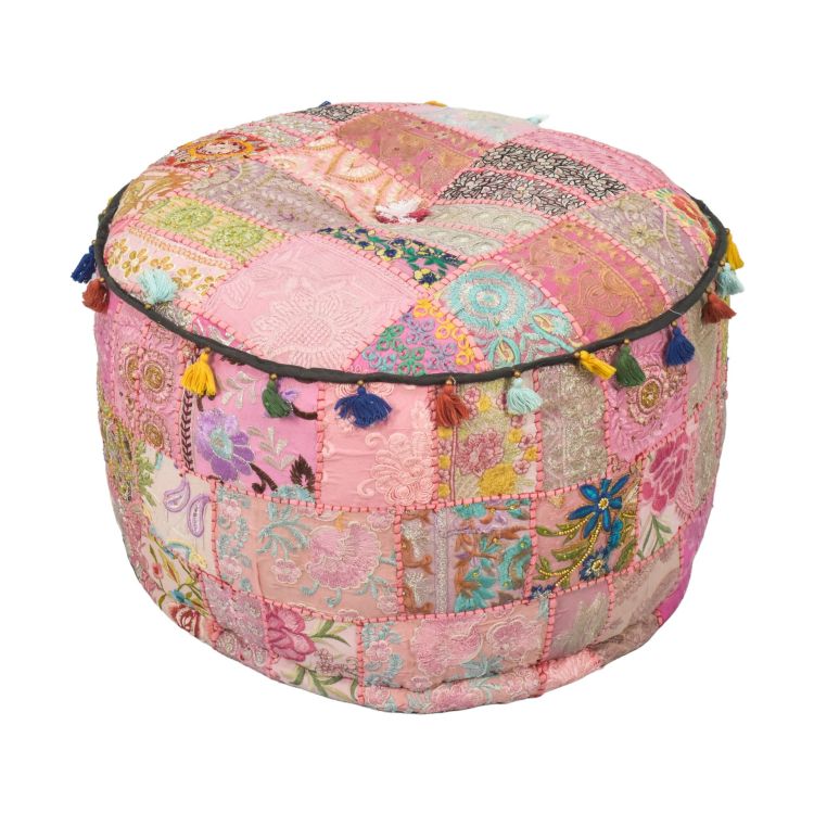 Taburet z Rajasthanu s bohatou Ari výšivkou, priemer 56cm výška 36cm patchwork