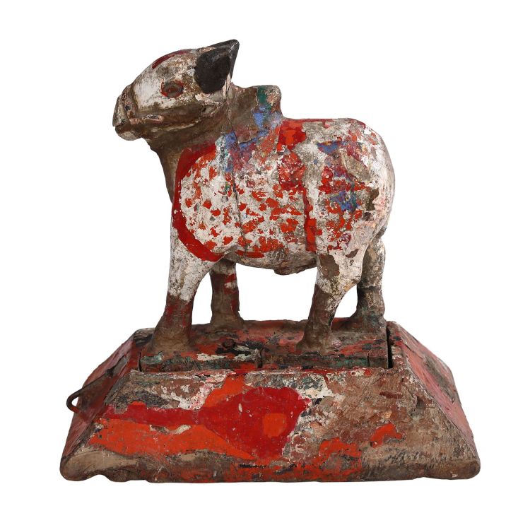 Soška posvätného býka Nandi z dreva, antik, ručne maľovaná, 23x14x23cm