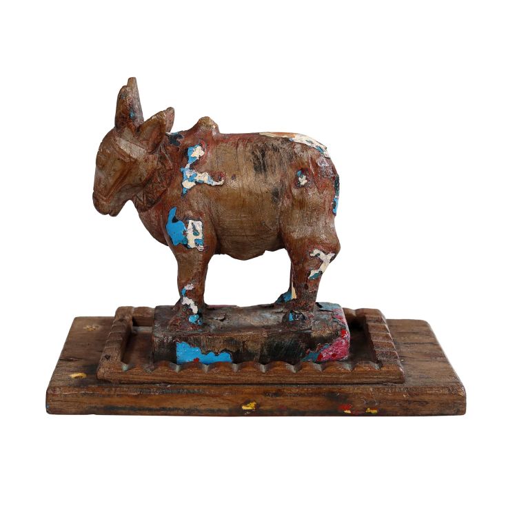 Soška posvätného býka Nandi z dreva, antik, ručne maľovaná, 26x15x20cm