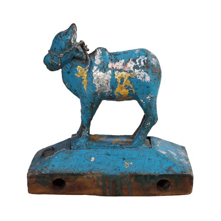 Soška posvätného býka Nandi z dreva, antik, ručne maľovaná, 21x11x21cm