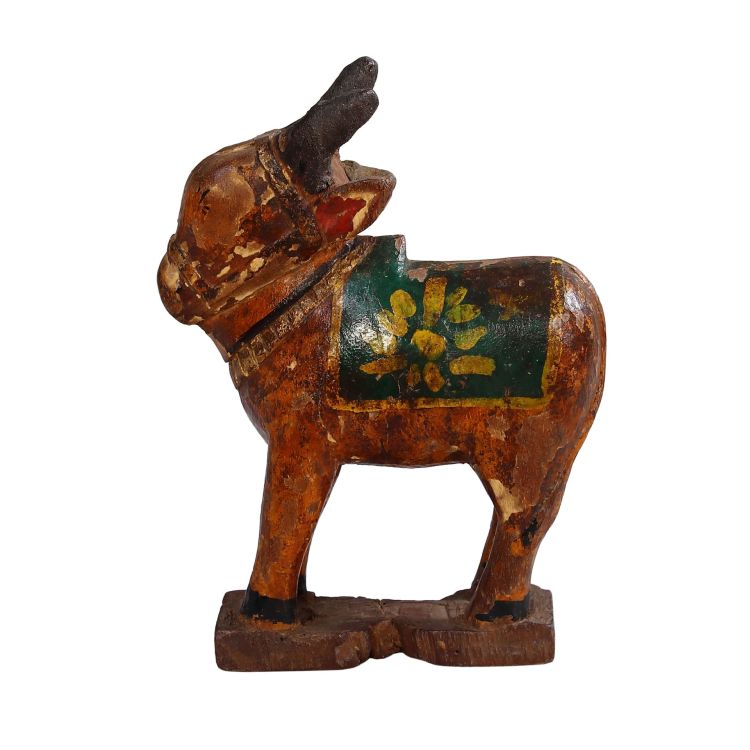 Soška posvätného býka Nandi z dreva, antik, ručne maľovaná, 18x7x25cm