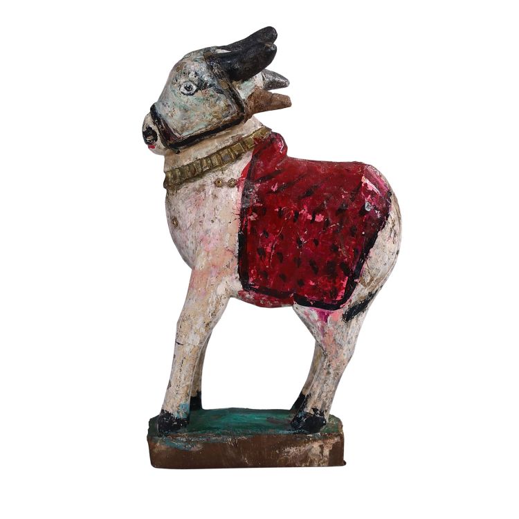 Soška posvätného býka Nandi z dreva, antik, ručne maľovaná, 15x5x25cm