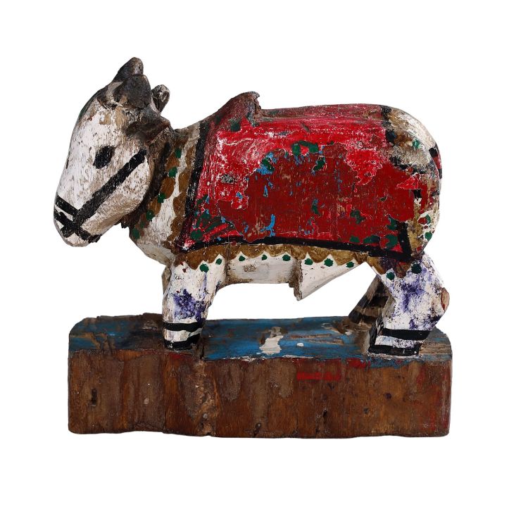 Soška posvätného býka Nandi z dreva, antik, ručne maľovaná, 16x5x16cm