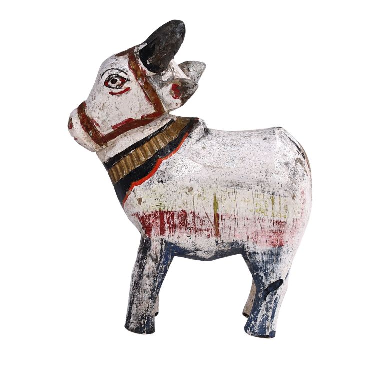 Soška posvätného býka Nandi z dreva, antik, ručne maľovaná, 17x6x22cm