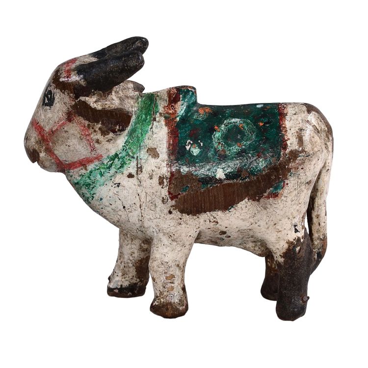 Soška posvätného býka Nandi z dreva, antik, ručne maľovaná, 16x6x14cm