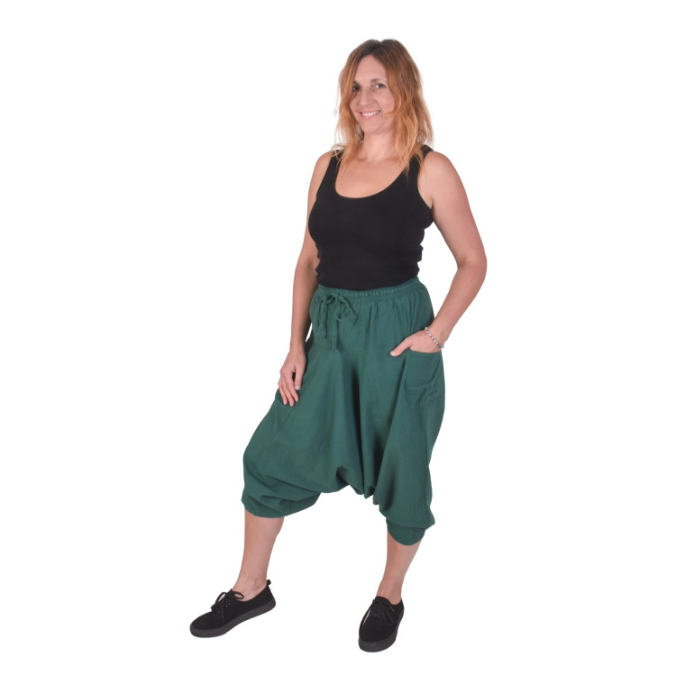 Turecké zelené nohavice, unisex, vrecká, šnúrka a guma v páse