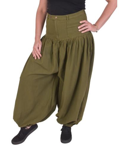 Turecké nohavice, zapínanie na gombíky, khaki
