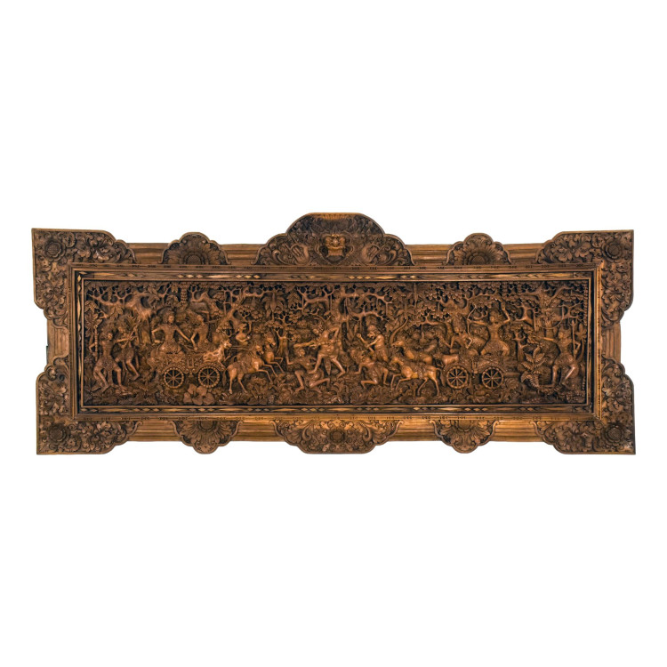 Drevený panel, výjav z Ramajány, 230x5x85cm