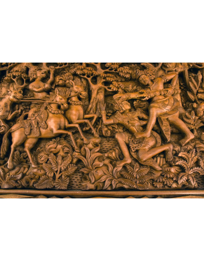 Drevený panel, výjav z Ramajány, 230x5x85cm