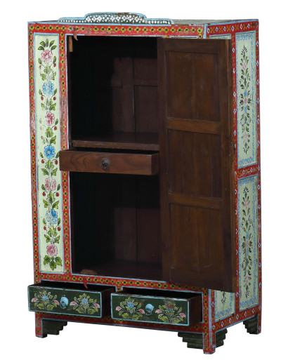 Starožitná skrinka z teakového dreva, ručné maľby, 76x46x125cm
