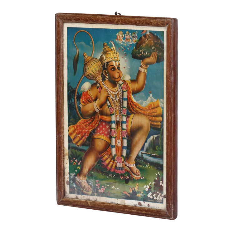 Hanuman, starý obraz v teakovom ráme, 27x38cm