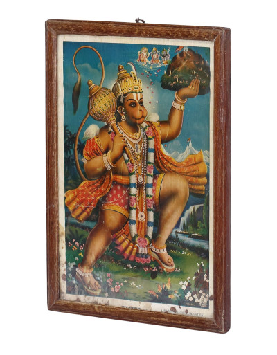 Hanuman, starý obraz v teakovom ráme, 27x38cm