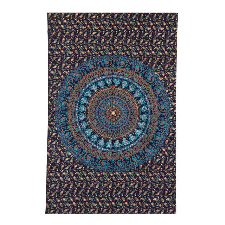Prehoz na posteľ, modro-zelený, Mandala, slony a pávy 200x130cm