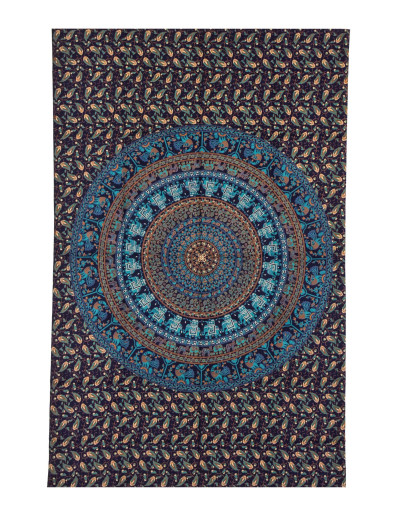Prehoz na posteľ, modro-zelený, Mandala, slony a pávy 200x130cm