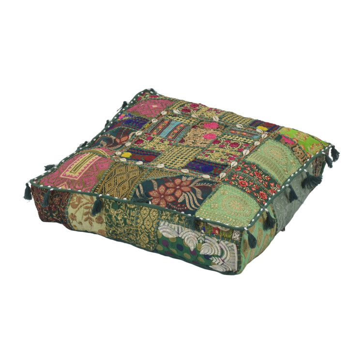 Meditačný vankúš ručne vyšívaný patchwork, s mušličkami, štvorec, 60x60x10cm