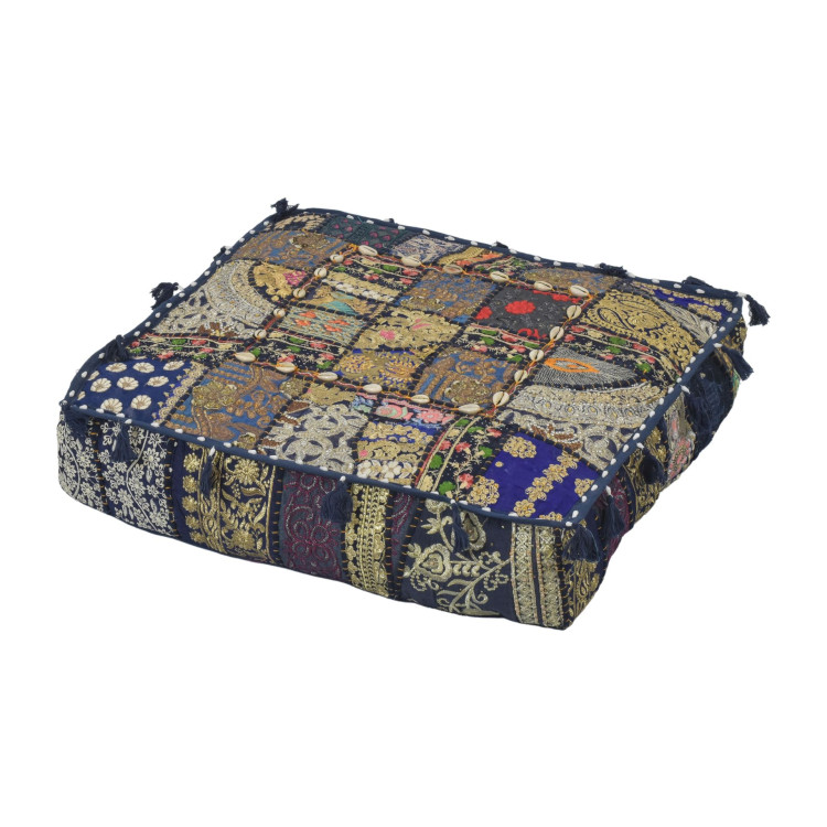 Meditačný vankúš ručne vyšívaný patchwork, s mušličkami, štvorec, 60x60x10cm