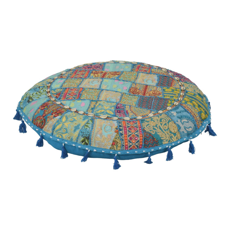 Meditačný vankúš, ručne vyšívaný patchwork, s mušličkami, priemer 70cm