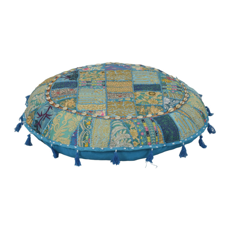Meditačný vankúš, ručne vyšívaný patchwork, s mušličkami, priemer 70cm