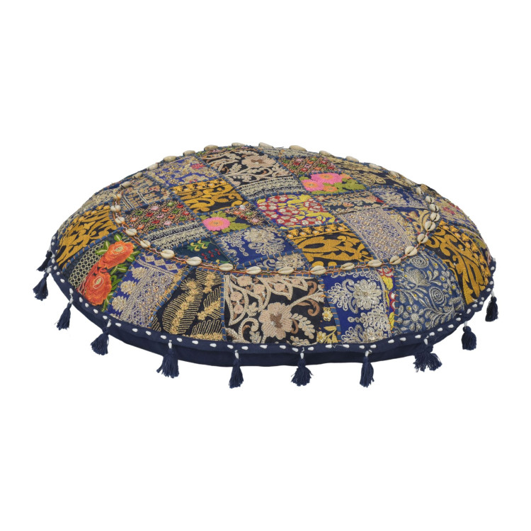 Meditačný vankúš, ručne vyšívaný patchwork, s mušličkami, priemer 70cm