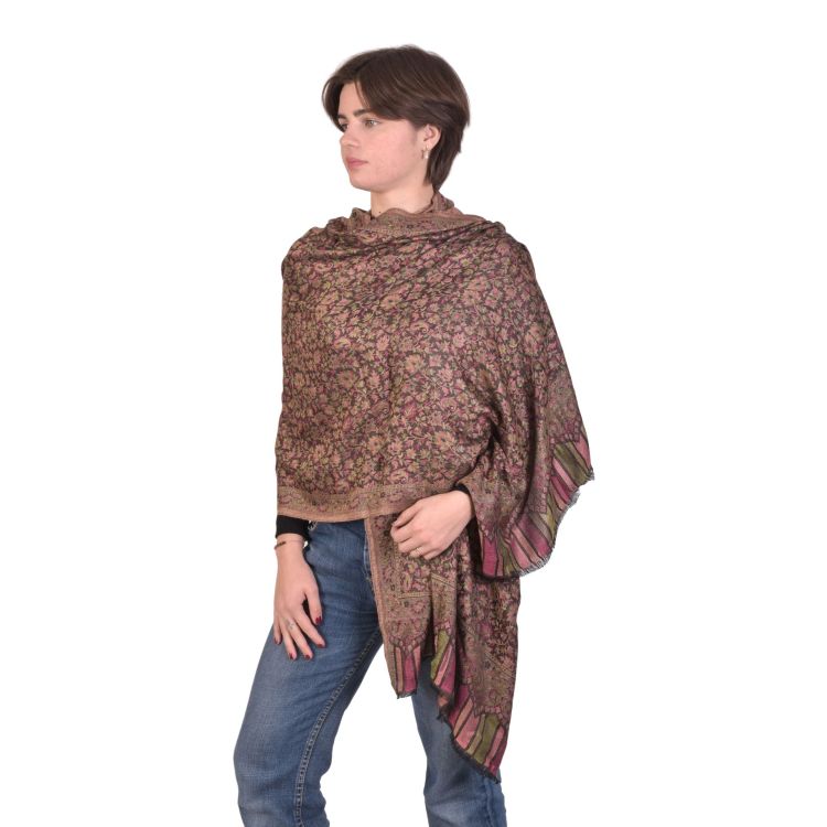 Veľký šál s kvetinovým a paisley vzorom, so strapcami, čierna, 75x205cm