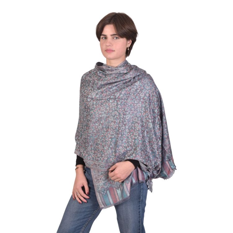 Veľký šál s kvetinovým a paisley vzorom, so strapcami, sivá, 75x205cm