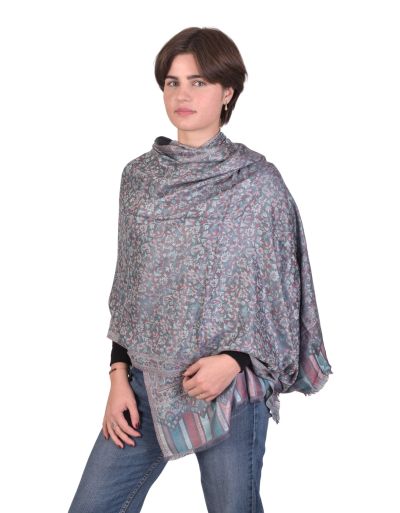 Veľký šál s kvetinovým a paisley vzorom, so strapcami, sivá, 75x205cm