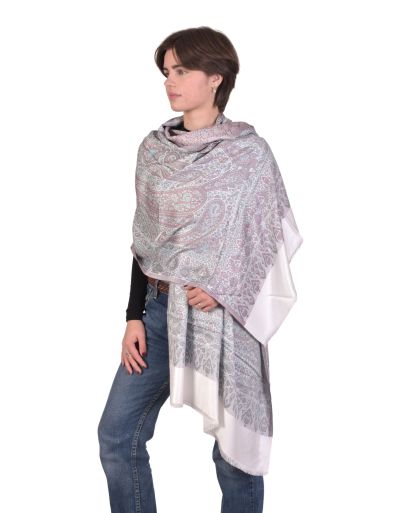 Veľká šál s paisley vzorom a strapcami, biela, 75x205cm