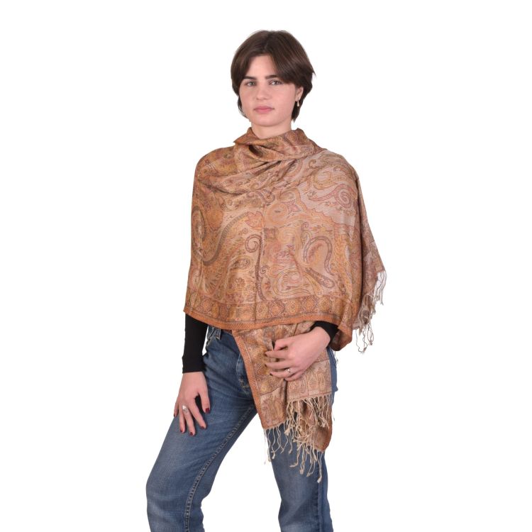 Veľká šál s paisley vzorom a strapcami, hnedá, 75x205cm