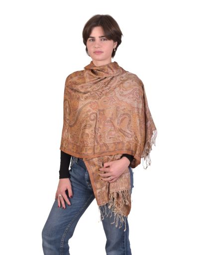 Veľká šál s paisley vzorom a strapcami, hnedá, 75x205cm