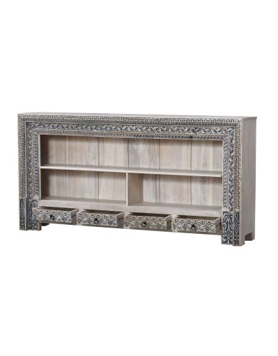 Knižnica z mangového dreva, ručné rezby, 214x40x107cm