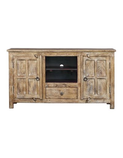 Komoda pod TV z mangového dreva, biela patina, 140x45x77cm
