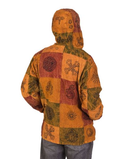 Oranžová bunda s kapucňou, flísová podšívka, patchwork, stonewash
