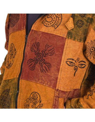 Oranžová bunda s kapucňou, flísová podšívka, patchwork, stonewash