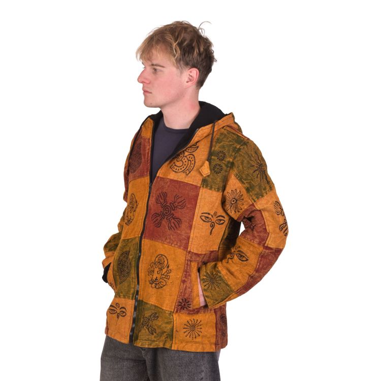Oranžová bunda s kapucňou, flísová podšívka, patchwork, stonewash