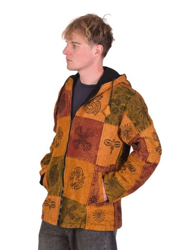 Oranžová bunda s kapucňou, flísová podšívka, patchwork, stonewash