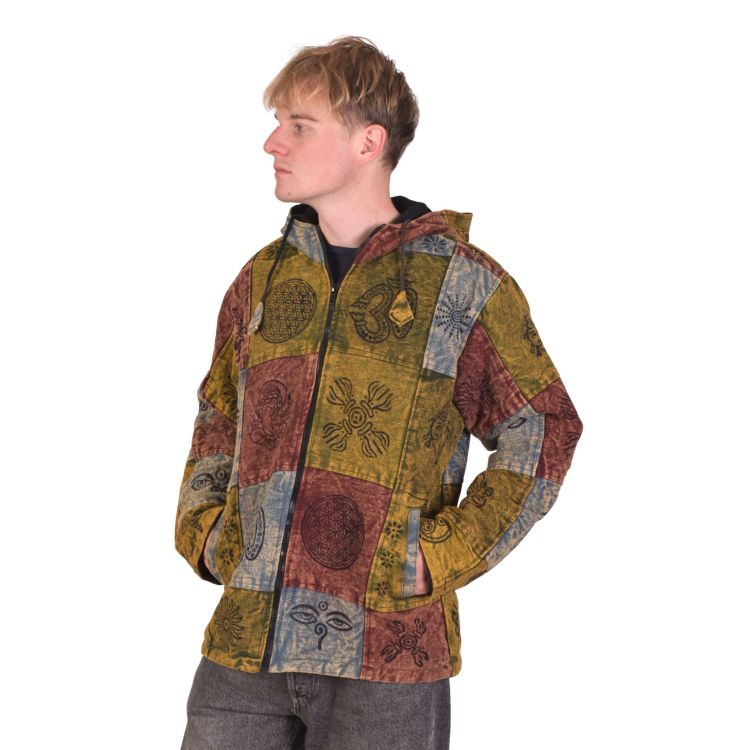 Zelená bunda s kapucňou, flísová podšívka, patchwork, stonewash