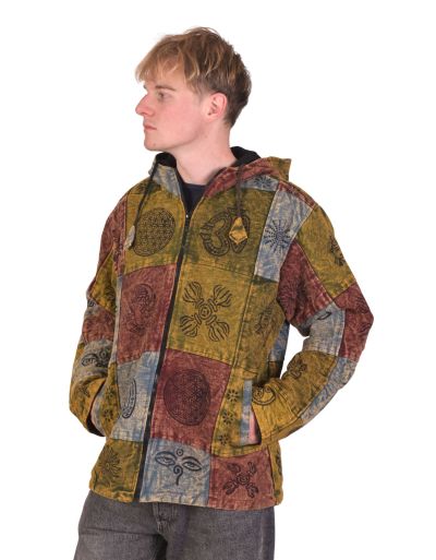 Zelená bunda s kapucňou, flísová podšívka, patchwork, stonewash