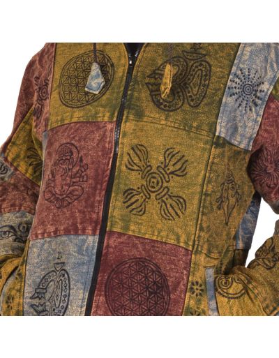 Zelená bunda s kapucňou, flísová podšívka, patchwork, stonewash