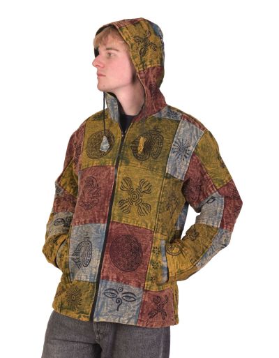 Zelená bunda s kapucňou, flísová podšívka, patchwork, stonewash