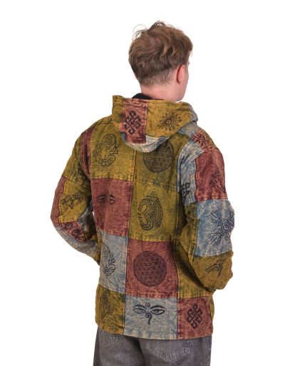 Zelená bunda s kapucňou, flísová podšívka, patchwork, stonewash